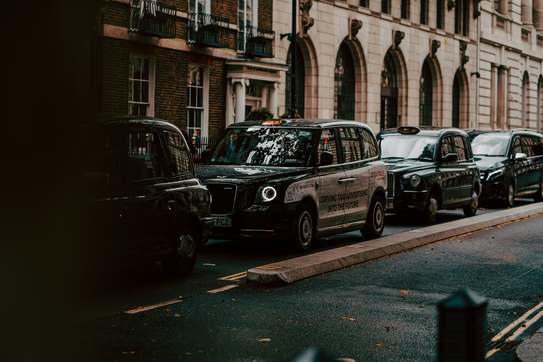Black cabs on a London street